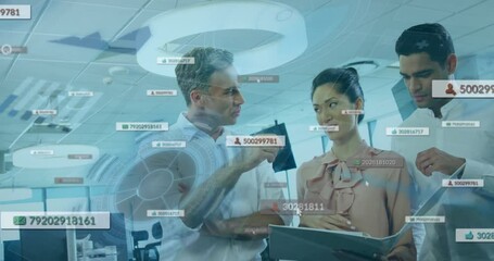 Poster - Discussing data analytics, business professionals using digital interface in office meeting