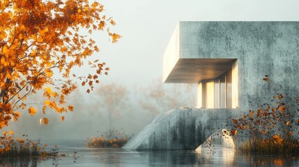 Aufkleber - Modern concrete house on lake, autumn leaves.