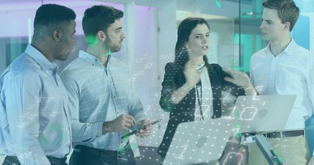 Poster - Business team discussing digital data processing animation over futuristic interface