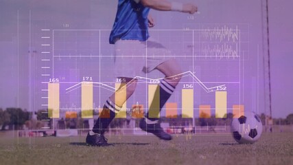 Poster - Soccer player running over financial data charts and graphs animation