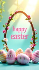 Wall Mural - Easter-themed egg-shape digital decorative frame with text inside. frame is adorned with spring pastel flowers, leaves, and branches. Inside frame is text “HAPPY EASTER” 
