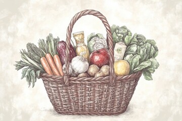 Poster - Elegant organic grocery basket filled with fresh premium produce in soft earthy tones Generative AI
