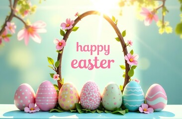Wall Mural - Easter-themed egg-shape digital decorative frame with text inside. frame is adorned with spring pastel flowers, leaves, and branches. Inside frame is text “HAPPY EASTER” 