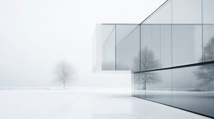 Aufkleber - Modern glass building reflected in snowy landscape.