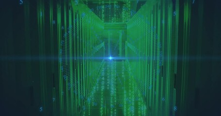 Poster - glowing light illuminating digital data stream in futuristic green corridor animation