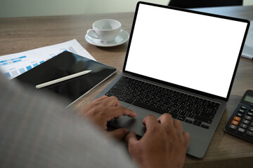 Poster - mock up Using laptop with blank screen computer modern