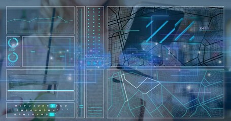 Poster - Animation of digital interface with data graphs and maps on blurred background