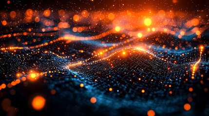 Fototapete - Vibrant Abstract Digital Wave Pattern with Glowing Particles in Blue and Orange Against Dark Background