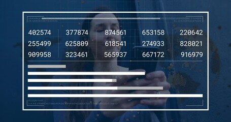 Poster - Using smartphone, woman viewing data processing animation overlay in school setting