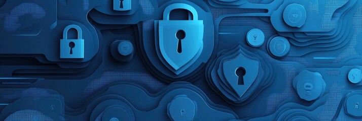Fototapete - Cybersecurity background design featuring layered locks and shield shapes in modern blue gradients with encrypted codes