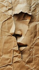 Poster - Face revealed behind textured, torn paper. A study of concealing and revealing identity and expression.