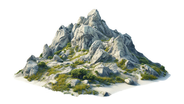 a rocky mountain formation with patches of grass and small plants set against a plain white background. for environmental themes or as a graphic resource