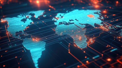Poster - A 3D fiber optic world map showing global connectivity, with glowing lines representing communication and data transfer across continents
