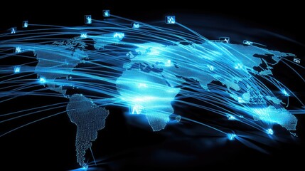 Poster - A 3D world map with fiber optic connections lighting up, showcasing the global reach of communication networks and data transfer