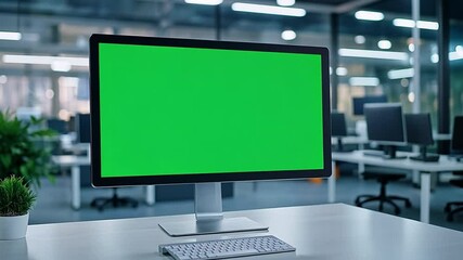 Poster - Green screen computer display on a stylish office desk,