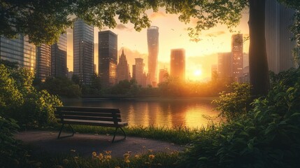 Poster - A calm cityscape with a bench overlooking a sunset, casting light on skyscrapers and a peaceful river, all framed by lush greenery in the foreground