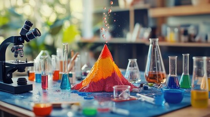 Poster - A chaotic but playful scene with colorful beakers, test tubes, and a microscope surrounding a DIY volcano model on a messy table, capturing the spirit of kids' scientific exploration