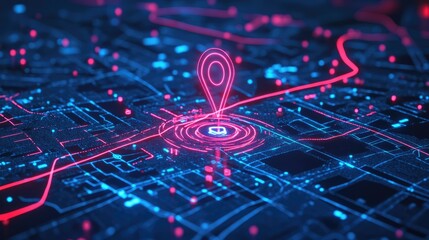 Poster - A close-up of a futuristic GPS navigation system on a digital map, illustrating AI technology optimizing delivery routes for fast and efficient service