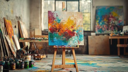 Poster - A colorful abstract canvas placed on a wooden easel in a spacious, artistic studio, with splashes of vibrant paint and artistic tools scattered around