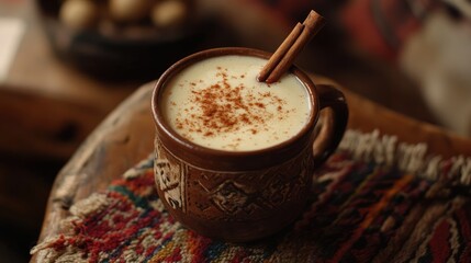Poster - A cozy, traditional Mexican Atole in a rustic mug, garnished with a cinnamon stick, inviting warmth and comfort