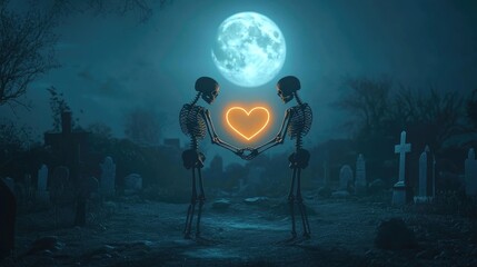 Aufkleber - A eerie yet touching scene of two skeletons holding hands with a glowing heart symbol in a cemetery, set against a dark, moonlit night