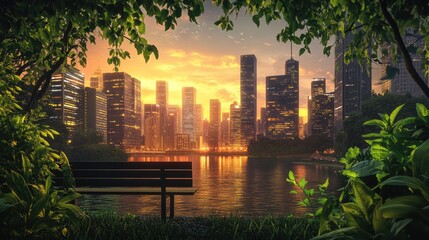 Poster - A serene sunset cityscape with a bench overlooking glowing skyscrapers and a river, the scene framed by vibrant green leaves creating a calm atmosphere