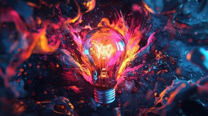 Poster - A shattered light bulb surrounded by vibrant paint splashes and swirls, symbolizing the explosion of creativity and new ideas on a dark backdrop