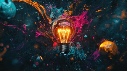 Poster - A shattered light bulb surrounded by vibrant paint splashes and swirls, symbolizing the explosion of creativity and new ideas on a dark backdrop
