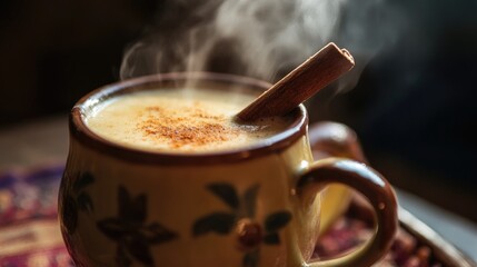 Poster - A steaming mug of Mexican Atole with a cinnamon stick, creating a warm, cozy ambiance with traditional flavors