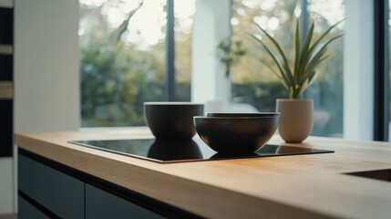 Poster - A stylish and minimalist kitchen with an empty wooden countertop, bright and airy atmosphere, with soft bokeh lighting in the background, ideal for product photography