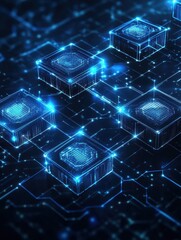 Fototapete - High-tech blockchain concept showcasing interconnected nodes in glowing blue paper cut style with futuristic digital layers Generative AI