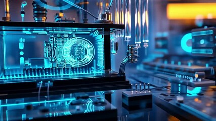 Poster - Innovative Laboratory: Illuminated by cool blue hues, this image shows cutting-edge technology and futuristic equipment. It evokes a sense of discovery and scientific advancement.