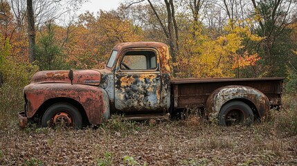 Aufkleber - A weathered, abandoned rusty truck parked in an isolated area, with peeling paint and rust, creating a hauntingly beautiful image of forgotten machinery