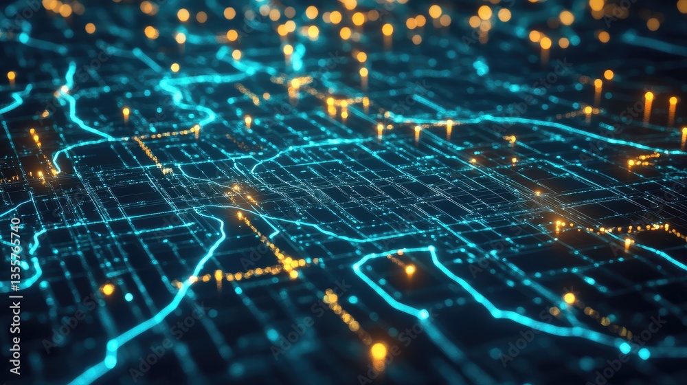 Navigation Path Example AI-powered delivery route optimization on a futuristic digital map ...