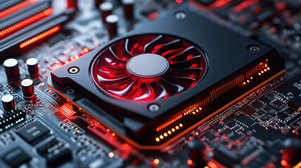 Poster - Sound card for computer placed on white background focusing on its electronic components and design