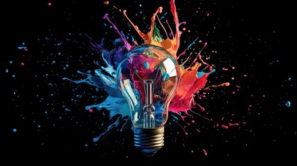 Poster - An explosion of colorful paint splashes and swirls surrounding a broken light bulb, representing the spark of innovative ideas and creative energy
