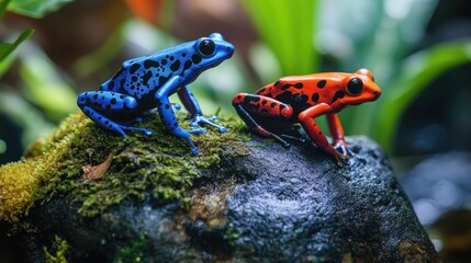 Poster - Close-up of vibrant poison dart frogs resting on mossy stones in a tropical setting, highlighting their colorful appearance