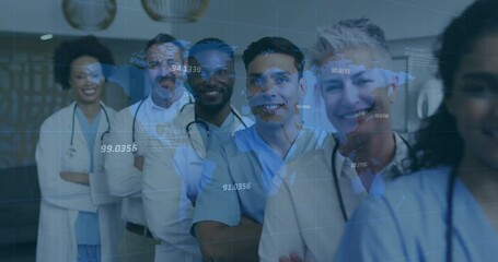 Poster - Smiling medical professionals with data overlay and world map, creating animation