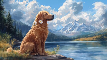 Poster - Golden retriever sitting peacefully by a serene lake, with a daisy adorning its ear, radiating calmness and beauty