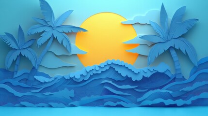 Aufkleber - Dreamy tropical island design with palm trees, blue waves, and golden sunset in layered paper cut art style