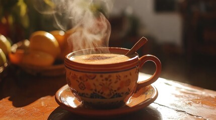 Poster - Steaming cup of traditional Mexican Atole with cinnamon, offering a warm and aromatic treat perfect for winter mornings