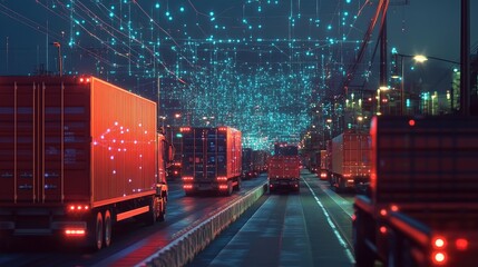 Poster - Traffic under a digital network overlay, demonstrating the efficiency of a modern fleet management system for managing logistics in real-time