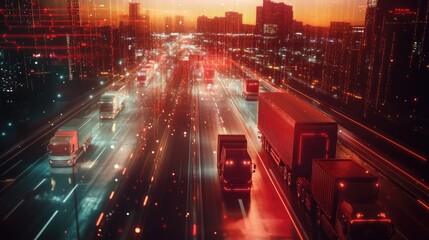 Poster - Trucks on a digital global network, representing smart logistics and fleet management in a connected, efficient world