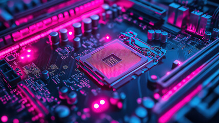 Poster - Glowing motherboard close-up featuring intricate circuitry and central processor with pink and blue lights