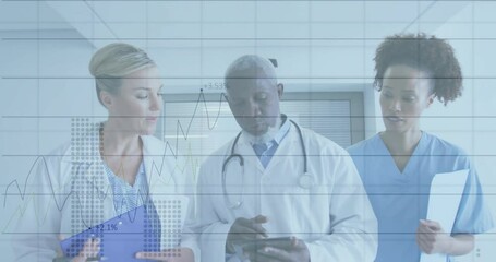 Poster - In hospital, medical professionals reviewing data with animation graph overlay