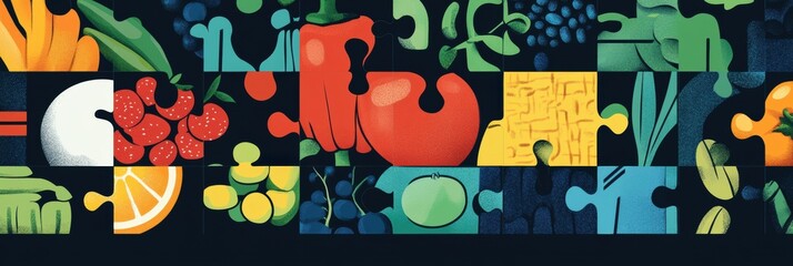 Poster - Fresh groceries come together in a vibrant puzzle illustration representing a complete shopping experience