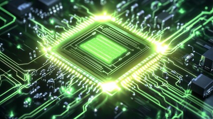 Aufkleber - Illuminated circuit board with glowing green pathways and central microchip detail