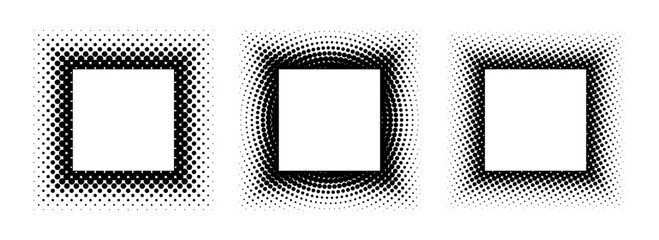 Poster - Black halftone square frame set. Dotted gradient border collection. Pop art comic dot picture holders for banner template, emblem, poster, box, copy space. Vector rasterized framing element pack