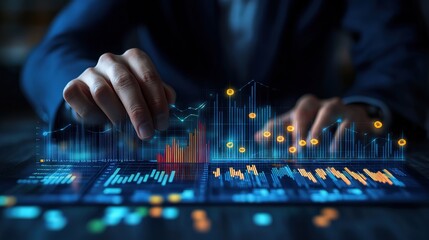 Poster - Growth graph Businessman illustrates and analyzes financial data for strategic business planning and investment progress on a blue background, 8k Resolution