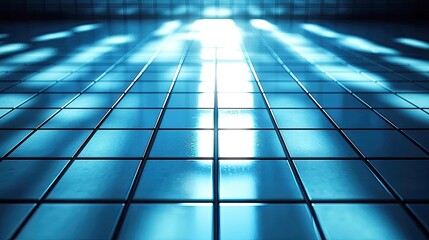 Poster - Blue Tiled Floor: Abstract Architecture Background, Modern Design, Geometric Patterns, Reflections and Light